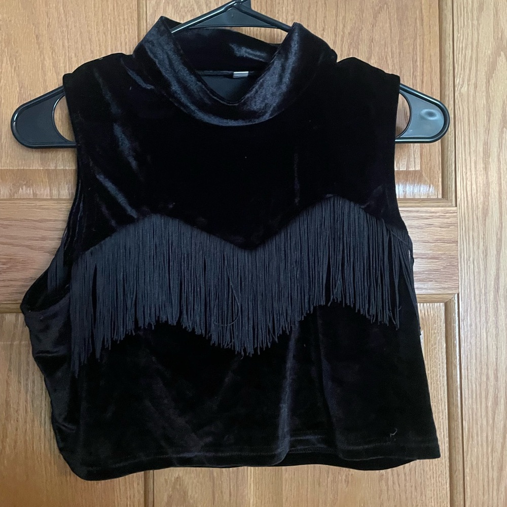 Fashion Brand Company Black Velvet Western Fringe Top